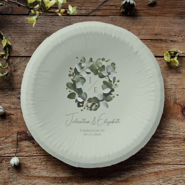 Modern Monogram Eucalyptus Wreath Wedding Paper Plate (Sage Green Modern Monogram Eucalyptus Wreath Wedding Paper Bowls)