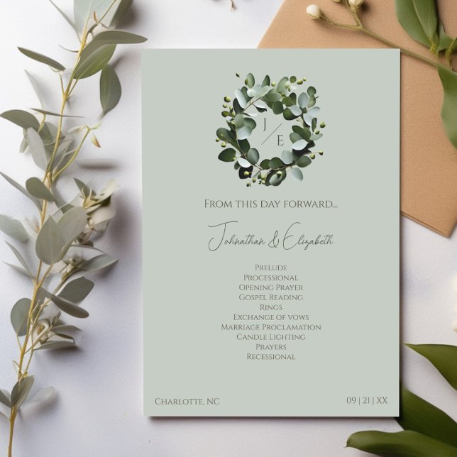 Modern Monogram Eucalyptus Wreath Wedding | Sage Programme (Sage Green Modern Monogram Eucalyptus Wreath Wedding Program)