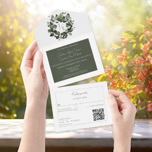 Modern Monogram Eucalyptus Wreath Wedding   White All In One Invitation