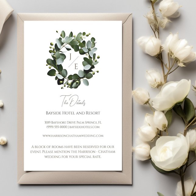 Modern Monogram Eucalyptus Wreath Wedding | White Enclosure Card (White Modern Monogram Eucalyptus Wreath Enclosure Card)
