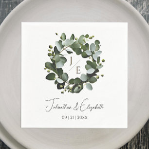 Modern Monogram Eucalyptus Wreath Wedding   White Napkin