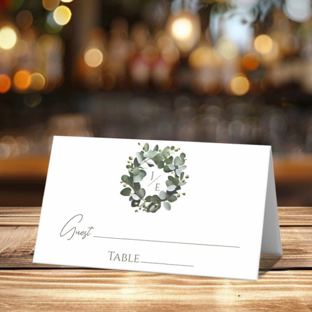 Modern Monogram Eucalyptus Wreath Wedding | White Place Card (White Modern Monogram Eucalyptus Wreath Wedding Place Card)