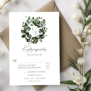 Modern Monogram Eucalyptus Wreath Wedding   White RSVP Card
