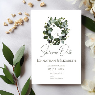 Modern Monogram Eucalyptus Wreath White Save The Date