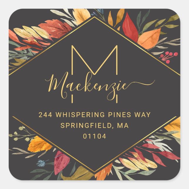 Modern Monogram Fall Foliage Return Address  Square Sticker (Front)