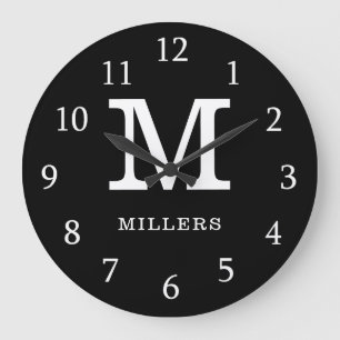 Modern Monogram Family Name Black And White Large Clock