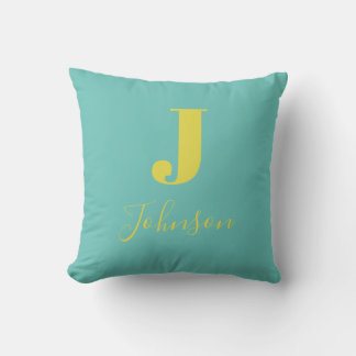 Modern Monogram Family Name Teal Cushion