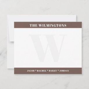 Modern Monogram Family Names Dark Brown Stationery Card