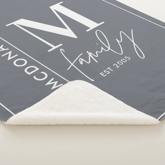 Modern monogram family navy grey stylish  sherpa b blanket (3/4)