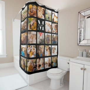 Modern Monogram Family Photo Collage Chic Black Shower Curtain