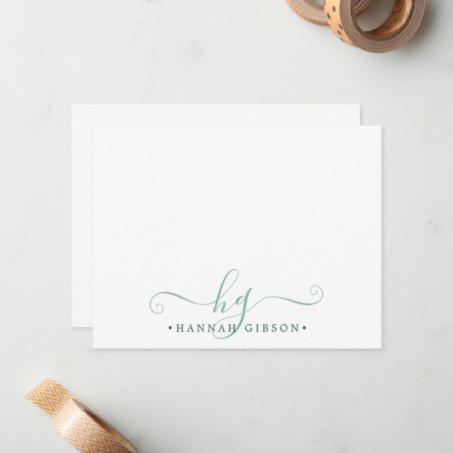 Modern Monogram Fancy Script Initials Green Card (Front/Back In Situ)