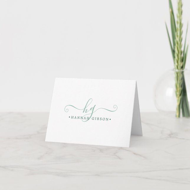 Modern Monogram Fancy Script Initials Green Note Card (Front)