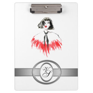 Modern Monogram Fashionable Girl Black and Red Clipboard