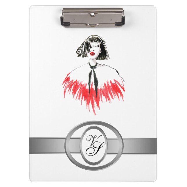 Modern Monogram Fashionable Girl Black and Red Clipboard (Front)