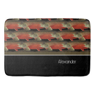 Modern Monogram Fish Salmon Design Black White Red Bath Mat