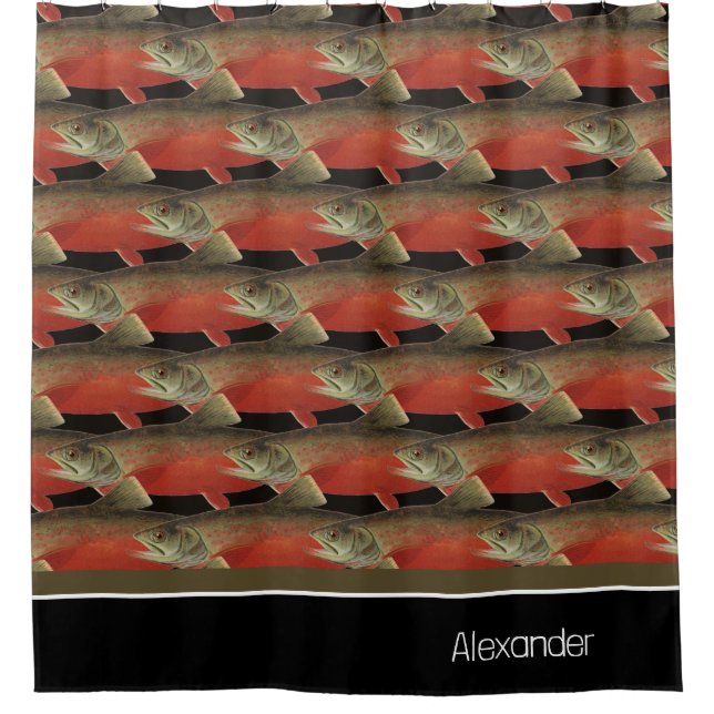 Modern Monogram Fish Salmon Design Black White Red Shower Curtain (Front)