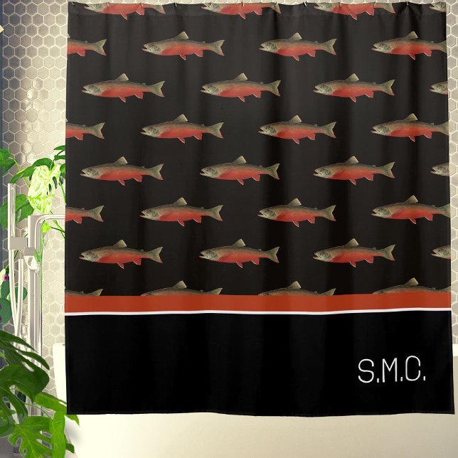 Modern Monogram Fish Salmon Design Black White Red Shower Curtain (Creator Uploaded)