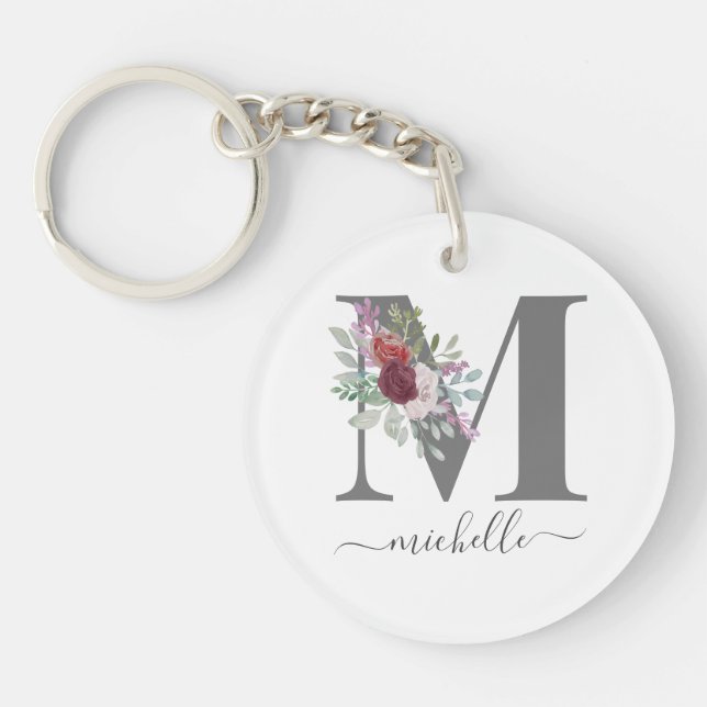Modern Monogram Floral Initial Name Key Ring (Front)
