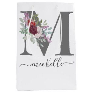 Modern Monogram Floral Initial Name Medium Gift Bag