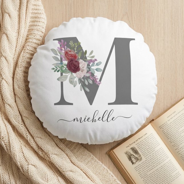 Modern Monogram Floral Initial Name Round Cushion (Creator Uploaded)