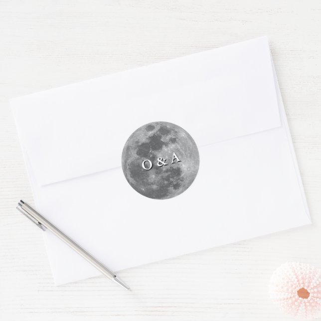 Modern Monogram Full Moon Wedding  Classic Round Sticker (Envelope)