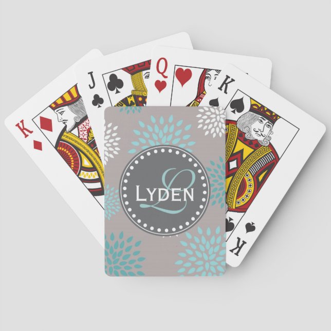 Modern monogram gift grey blue teal playing cards (Back)