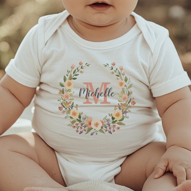 Modern Monogram Girly Rose Wreath Personalized     Baby Bodysuit (Creator Uploaded)