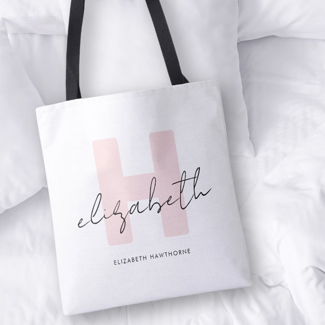 Modern Monogram Girly Script Blush Pink Initial Tote Bag (Creator Uploaded)
