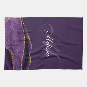 modern monogram gold and purple agate tea towel