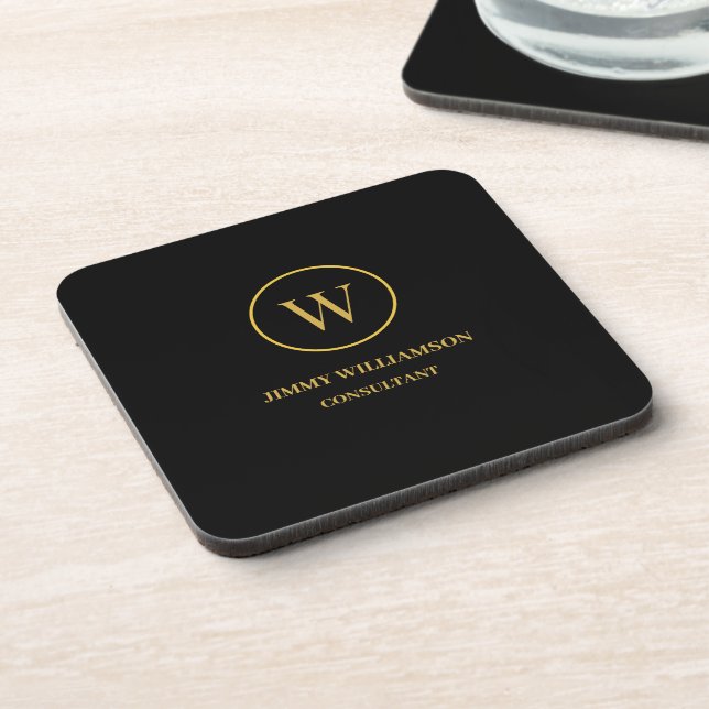 Modern Monogram Gold Black Business Coaster (Left Side)