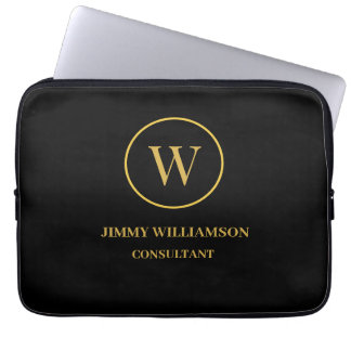 Modern Monogram Gold Black Business Laptop Sleeve