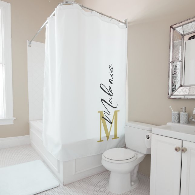 Modern Monogram Gold Black White Shower Curtain (In Situ)