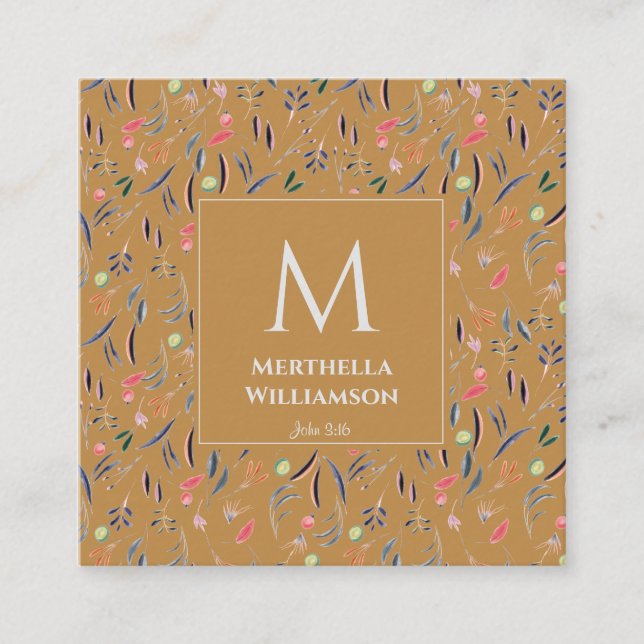 Modern MONOGRAM Gold Floral Watercolor Square Business Card (Front)