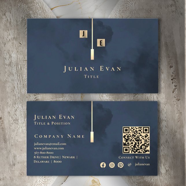 Modern Monogram Gold Navy Blue Business Card (Creator Uploaded)