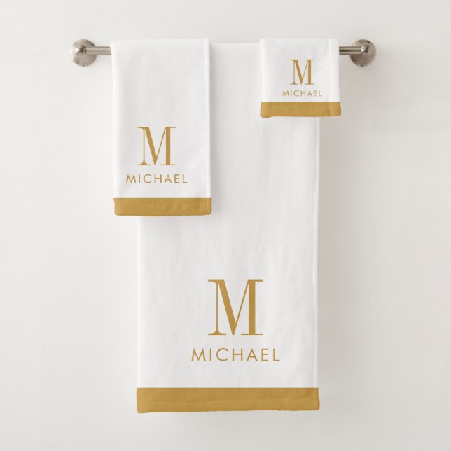 Modern Monogram Gold On White Bath Towel Set (Insitu)