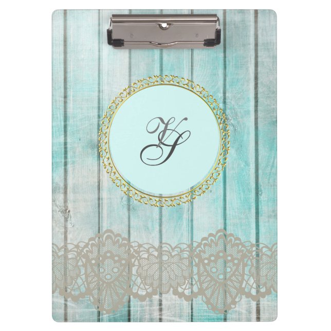 Modern Monogram Gold Pattern Blue Vintage Wood Clipboard (Front)