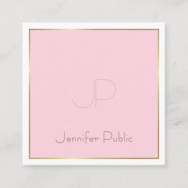Modern Monogram Gold Pink Stylish Plain Luxury Square Business Card (Front)