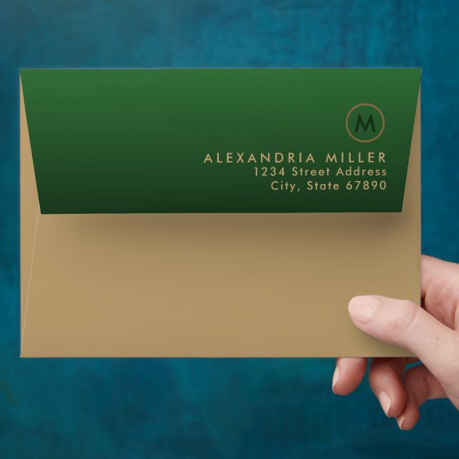 Modern Monogram Gold Return Address Emerald Envelope (Hand)
