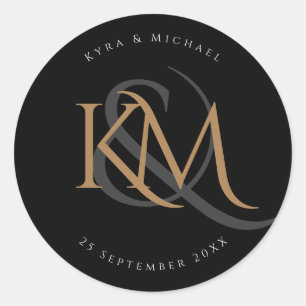 Modern Monogram Gold Script Black Elegant Wedding Classic Round Sticker