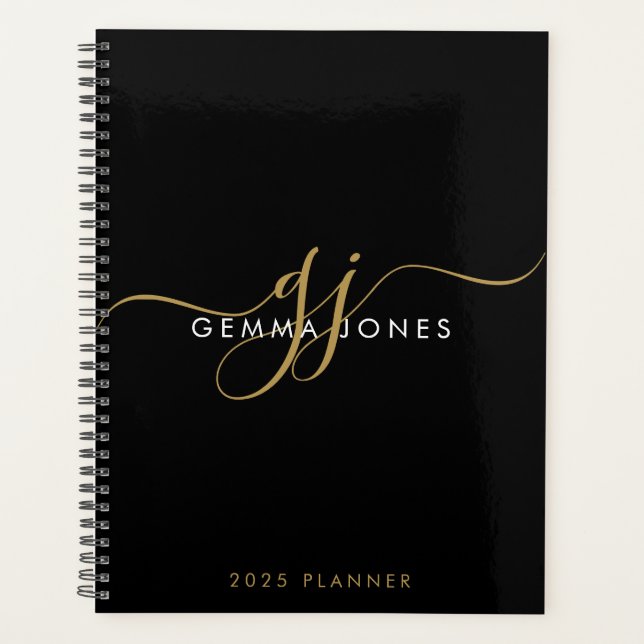 Modern Monogram Gold Script Initials Name Black  Planner (Front)