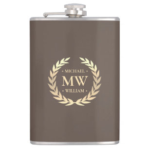 Modern Monogram Golfer Name Initials Brown Gold  Hip Flask