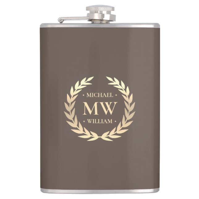 Modern Monogram Golfer Name Initials Brown Gold  Hip Flask (Front)