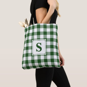 Modern Monogram Green and White Gingham Pattern Tote Bag