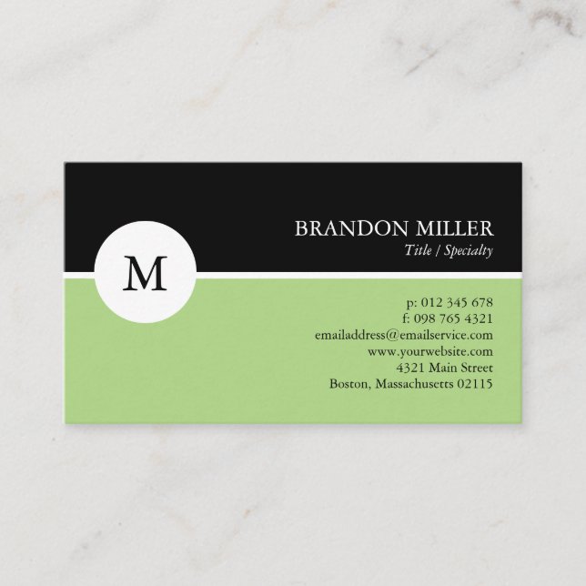 Modern Monogram Green & Black One Sided Business Card (Front)