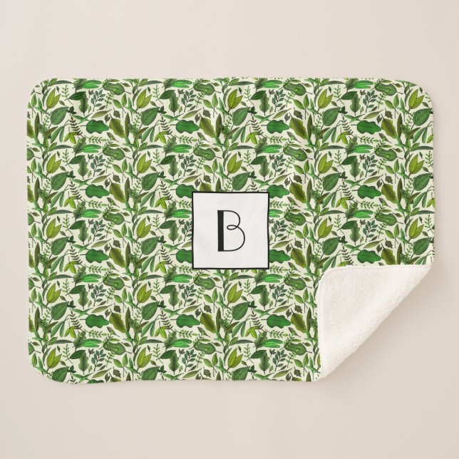 Modern Monogram Green Botanical Pattern Sherpa Blanket (Front (Horizontal))