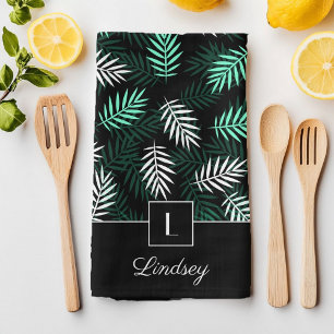 Modern Monogram Green Botanical Pattern Tea Towel