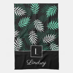Modern Monogram Green Botanical Pattern Tea Towel