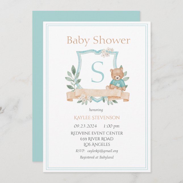 Modern Monogram Green Crest Greenery Baby Invitation (Front/Back)