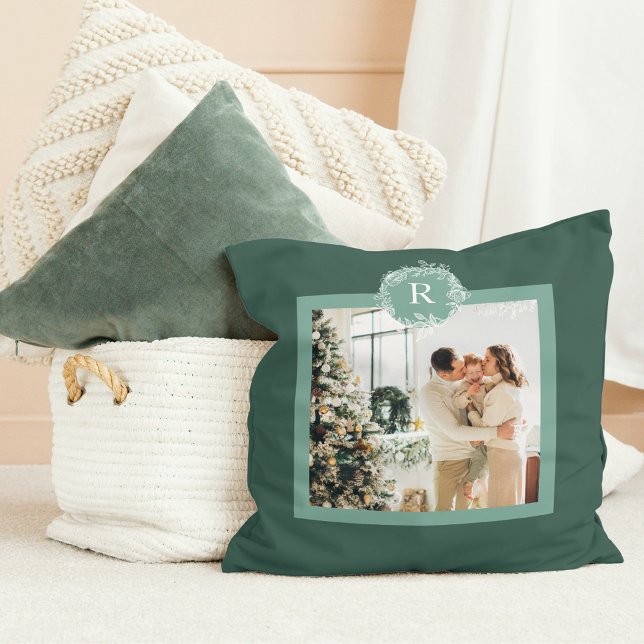 Modern Monogram Green | Family Photo | Initial Cushion (Creator Uploaded)