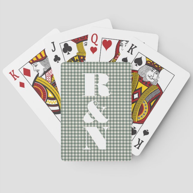 Modern Monogram Green Gingham Custom Wedding Playing Cards (Back)